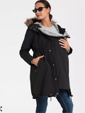 Seraphine Black Maternity Utility Parka with Faux-Fur Trim